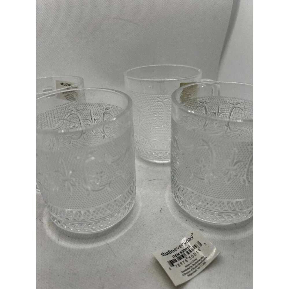 4 Studio Everyday Fleur-de-lis Coffee Multipurpose Mugs Etched new cup clear